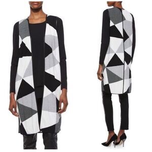 Lafayette 148 Black White Geometric Pockets Long‎ Sleeveless Knit Cardigan Sz M